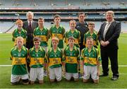 1 September 2013; The Kerry team of, back row, from left, Anthony Darmody, Eoin Conneff, Jamie Young, Tadhg Ó Siochrú and Aidan Cassidy, front row, from left, Gavin Kelly, Andrew Stone, Cian Whooley, Evan Finneran and Cillian Rouine with Eugene Fitzgibbon, Ard Stiúrthoir Paraic Duffy, left, and Séan McMahon, Vice-President of the Irish National Teachers Organisation, before the INTO/RESPECT Exhibition GoGames at the GAA Football All-Ireland Senior Championship Semi-Final between Dublin and Kerry. Croke Park, Dublin. Picture credit: Ray McManus / SPORTSFILE