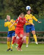 1 September 2013; Sarah Clune, right, and Stacey Paul, Douglas Hall LFC, in action against Rebecca McPhilbin, Colga FC. FAI Umbro Women’s Intermediate Cup Final, Colga FC v Douglas Hall LFC, Fahy’s Field, Galway. Picture credit: Diarmuid Greene / SPORTSFILE