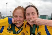 1 September 2013; Douglas Hall LFC captain Eileen Ring, right, and Fiona Hayes with their winners medals after victory over Colga FC. FAI Umbro Women’s Intermediate Cup Final, Colga FC v Douglas Hall LFC, Fahy’s Field, Galway. Picture credit: Diarmuid Greene / SPORTSFILE
