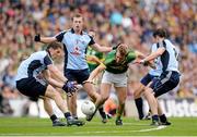 1 September 2013; Donnchadh Walsh, Kerry, in action against Dublin players, from left, Rory O'Carroll, Jack McCaffrey and Michael Darragh Macauley. GAA Football All-Ireland Senior Championship, Semi-Final, Dublin v Kerry, Croke Park, Dublin. Picture credit: Stephen McCarthy / SPORTSFILE