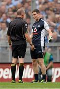 1 September 2013; Dublin goalkeeper and captain Stephen Cluxton argues with referee Cormac Reilly after he awarded a penalty to Kerry. GAA Football All-Ireland Senior Championship, Semi-Final, Dublin v Kerry, Croke Park, Dublin. Picture credit: Brendan Moran / SPORTSFILE