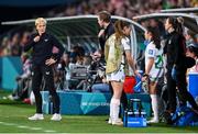 31 July 2023; Republic of Ireland manager Vera Pauw in conversation with Republic of Ireland assistant manager Tom Elmes during the FIFA Women's World Cup 2023 Group B match between Republic of Ireland and Nigeria at Brisbane Stadium in Brisbane, Australia. Photo by Stephen McCarthy/Sportsfile