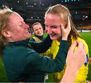 31 July 2023; Republic of Ireland goalkeeper Courtney Brosnan, right, and Amber Barrett of Republic of Ireland after the FIFA Women's World Cup 2023 Group B match between Republic of Ireland and Nigeria at Brisbane Stadium in Brisbane, Australia. Photo by Stephen McCarthy/Sportsfile