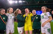 31 July 2023; Republic of Ireland players, from left, Jamie Finn, Diane Caldwell, Amber Barrett, goalkeeper Courtney Brosnan, Harriet Scott and Abbie Larkin after the FIFA Women's World Cup 2023 Group B match between Republic of Ireland and Nigeria at Brisbane Stadium in Brisbane, Australia. Photo by Stephen McCarthy/Sportsfile