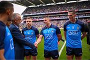30 July 2023; Uachtarán Chumann Lúthchleas Gael Larry McCarthy with Dublin players Paddy Small, left, Brian Howard, centre, and Brian Fenton before the GAA Football All-Ireland Senior Championship final match between Dublin and Kerry at Croke Park in Dublin. Photo by Ramsey Cardy/Sportsfile