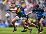 30 July 2023; Paul Geaney of Kerry in action against David Byrne and Michael Fitzsimons, right, of Dublin during the GAA Football All-Ireland Senior Championship final match between Dublin and Kerry at Croke Park in Dublin. Photo by Piaras Ó Mídheach/Sportsfile