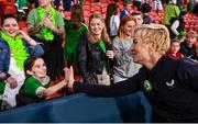 31 July 2023; Republic of Ireland manager Vera Pauw with Saoirse Blake from Lusk, Dublin after the FIFA Women's World Cup 2023 Group B match between Republic of Ireland and Nigeria at Brisbane Stadium in Brisbane, Australia. Photo by Stephen McCarthy/Sportsfile