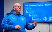 31 July 2023; Lead sub academy athletic peformance coach Dave Fagan speaks to the players during the Leinster rugby pre-academy training session at The Ken Wall Centre of Excellence in Energia Park, Dublin. Photo by Brendan Moran/Sportsfile