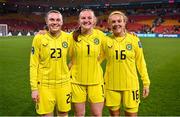 31 July 2023; Republic of Ireland goalkeepers, from left, Megan Walsh, Courtney Brosnan and Grace Moloney after the FIFA Women's World Cup 2023 Group B match between Republic of Ireland and Nigeria at Brisbane Stadium in Brisbane, Australia. Photo by Stephen McCarthy/Sportsfile