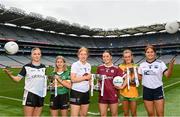 31 July 2023; In attendance at the 2023 ZuCar All-Ireland Ladies Minor Football Finals captains day are from left, Laura Foley of Sligo, Róisín Rahilly of Kerry, Eimear Glancy of Kildare, Aiobinn Eilian of Galway, Niamh Harkin of Donegal and Aoibhe Shankey of Waterford at Croke Park in Dublin. Photo by Sam Barnes/Sportsfile