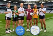 31 July 2023; In attendance at the ZuCar 2023 All-Ireland Ladies Minor Football Finals captains day are from left, Laura Foley of Sligo, Róisín Rahilly of Kerry, Eimear Glancy of Kildare, Aiobinn Eilian of Galway, Niamh Harkin of Donegal and Aoibhe Shankey of Waterford at Croke Park in Dublin. Photo by Sam Barnes/Sportsfile