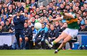 30 July 2023; Dublin manager Dessie Farrell watches on as Sean O'Shea of Kerry kicks a free during the GAA Football All-Ireland Senior Championship final match between Dublin and Kerry at Croke Park in Dublin. Photo by Ramsey Cardy/Sportsfile