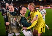 31 July 2023; Republic of Ireland goalkeeper Courtney Brosnan and Ciara Grant of Republic of Ireland after the FIFA Women's World Cup 2023 Group B match between Republic of Ireland and Nigeria at Brisbane Stadium in Brisbane, Australia. Photo by Stephen McCarthy/Sportsfile