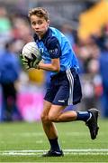 30 July 2023; Joseph Tarmey, Lismore NS, Waterford, representing Dublin, during the INTO Cumann na mBunscol GAA Respect Exhibition Go Games at the GAA Football All-Ireland Senior Championship final match between Dublin and Kerry at Croke Park in Dublin. Photo by Piaras Ó Mídheach/Sportsfile