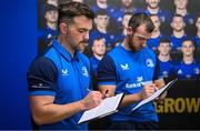 31 July 2023; U20 assistant strength & conditioning coach Jack Dempsey, left, and U17 lead strength & conditioning coach Cormac Murray during the Leinster rugby pre-academy training session at The Ken Wall Centre of Excellence in Energia Park, Dublin. Photo by Brendan Moran/Sportsfile