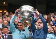 30 July 2023; Craig Dias, left, and Dan O'Brien of Dublin lift the Sam Maguire Cup after the GAA Football All-Ireland Senior Championship final match between Dublin and Kerry at Croke Park in Dublin. Photo by Ramsey Cardy/Sportsfile