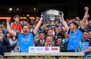 30 July 2023; Dublin players Ryan Basquel, left, and Colm Basquel lift the Sam Maguire Cup after their side's victory in the GAA Football All-Ireland Senior Championship final match between Dublin and Kerry at Croke Park in Dublin. Photo by Ramsey Cardy/Sportsfile