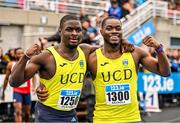 30 July 2023; Israel Olatunde of UCD AC, Dublin, left, and team-mate Bori Akinola, celebrate  after finishing first and second respectively in the men's 100m during day two of the 123.ie National Senior Outdoor Championships at Morton Stadium in Dublin. Photo by Sam Barnes/Sportsfile