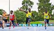 30 July 2023; Israel Olatunde of UCD AC, Dublin, centre, celebrates winning the men's 100m ahead of Bori Akinola of UCD AC, Dublin, right, who finished second, Gabriel Kehinde of Ennis Track AC, Clare, second from left, who finished third, and Conor Morey of Leevale AC, Cork, far left, who finished ninth during day two of the 123.ie National Senior Outdoor Championships at Morton Stadium in Dublin. Photo by Sam Barnes/Sportsfile