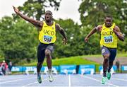 30 July 2023; Israel Olatunde of UCD AC, Dublin, left, celebrates winning the men's 100m ahead of Bori Akinola of UCD AC, Dublin, who finished second, during day two of the 123.ie National Senior Outdoor Championships at Morton Stadium in Dublin. Photo by Sam Barnes/Sportsfile