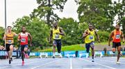 30 July 2023; Israel Olatunde of UCD AC, Dublin, centre, on his way to winning the men's 100m ahead of Bori Akinola of UCD AC, Dublin, second from right, who finished second and Gabriel Kehinde of Ennis Track AC, Clare, second from left, who finished third, during day two of the 123.ie National Senior Outdoor Championships at Morton Stadium in Dublin. Photo by Sam Barnes/Sportsfile
