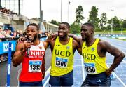 30 July 2023; Men's 100m medallists, from left, Gabriel Kehinde of Ennis Track AC, Clare, bronze, Bori Akinola of UCD AC, Dublin, silver, and Israel Olatunde of UCD AC, Dublin, gold,  during day two of the 123.ie National Senior Outdoor Championships at Morton Stadium in Dublin. Photo by Sam Barnes/Sportsfile