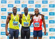 30 July 2023; Men's 100m medallists Israel Olatunde of UCD AC, Dublin, gold, centre, Bori Akinola of UCD AC, Dublin, silver, left, and Gabriel Kehinde of Ennis Track AC, Clare, bronze, right, during day two of the 123.ie National Senior Outdoor Championships at Morton Stadium in Dublin. Photo by Sam Barnes/Sportsfile