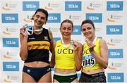 30 July 2023; Women's 1500m medallists, Sarah Healy of UCD AC, Dublin, gold, centre, Sophie O'Sullivan of Ballymore Cobh AC, Cork, silver, left, and Ellie Hartnett of UCD AC, Dublin, bronze, right, during day two of the 123.ie National Senior Outdoor Championships at Morton Stadium in Dublin. Photo by Sam Barnes/Sportsfile