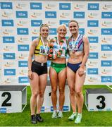 30 July 2023; Women's 100m medallists, Sarah Lavin of Emerald AC, Limerick, gold, centre, Lucy-May Sleeman of Leevale AC, Cork, silver, left, and Mollie O'Reilly of Dundrum South Dublin AC, bronze, right, during day two of the 123.ie National Senior Outdoor Championships at Morton Stadium in Dublin. Photo by Sam Barnes/Sportsfile