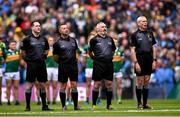 30 July 2023; Officials, from left to right, Stand By Referee Martin McNally, referee David Gough, linesman James Molloy, sideline official Fergal Kelly before the GAA Football All-Ireland Senior Championship final match between Dublin and Kerry at Croke Park in Dublin. Photo by Ramsey Cardy/Sportsfile