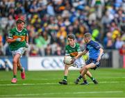 30 July 2023; Shea Henry, Holy Family PS, Magherafelt, Derry, representing Kerry, supported by Donal McDermott, St Teresa's NS, Boyle, Roscommon, representing Kerry, in action against Theo Duggan, St Mary's BNS, Rathfarnham, Dublin, representing Dublin, during the INTO Cumann na mBunscol GAA Respect Exhibition Go Games at the GAA Football All-Ireland Senior Championship final match between Dublin and Kerry at Croke Park in Dublin. Photo by Ray McManus/Sportsfile