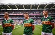 30 July 2023; Kerry players, from left, Stephen O'Brien, Paudie Clifford and Paul Geaney before the GAA Football All-Ireland Senior Championship final match between Dublin and Kerry at Croke Park in Dublin. Photo by Ramsey Cardy/Sportsfile