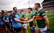30 July 2023; James McCarthy of Dublin and Paul Geaney of Kerry shake hands before the GAA Football All-Ireland Senior Championship final match between Dublin and Kerry at Croke Park in Dublin. Photo by Ramsey Cardy/Sportsfile