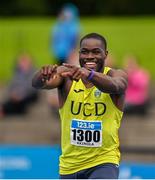 30 July 2023; Bori Akinola of UCD AC, Dublin, celebrates winning a silver medal in the men's 100m during day two of the 123.ie National Senior Outdoor Championships at Morton Stadium in Dublin. Photo by Stephen Marken/Sportsfile