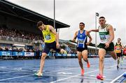 30 July 2023; Mark Milner of UCD AC, Dublin, left, crosses the line to finish third in the men's  800m ahead of Cillian Kirwan of Raheny Shamrock AC, Dublin, right, and Andrew Coscoran of Star of the Sea AC, Meath, centre, during day two of the 123.ie National Senior Outdoor Championships at Morton Stadium in Dublin. Photo by Sam Barnes/Sportsfile