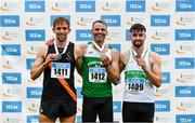 30 July 2023; Men's 400m hurdles medallists Thomas Barr of Ferrybank AC, Waterford, gold, centre, Thomas Anthony Pitkin of Clonliffe Harriers AC, Dublin, silver, left, and Ciaran Nugent of Carraig-Na-Bhfear AC, Cork, bronze, right, during day two of the 123.ie National Senior Outdoor Championships at Morton Stadium in Dublin. Photo by Sam Barnes/Sportsfile