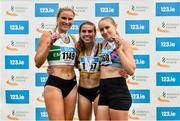 30 July 2023; Women's 800m medallists Louise Shanahan of Leevale AC, Cork, gold, centre, Jenna Bromell of Emerald AC, Limerick, silver, left, and Georgie Hartigan of Dundrum South Dublin AC, bronze, right, during day two of the 123.ie National Senior Outdoor Championships at Morton Stadium in Dublin. Photo by Sam Barnes/Sportsfile