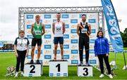 30 July 2023; Men's 400m medallists Christopher O'Donnell of North Sligo AC, gold, centre, Callum Baird of Ballymena and Antrim AC, silver, left, and Brian Gregan of Clonliffe Harriers AC, Dublin, bronze, right, with Athletic's Ireland Competition Committee Member Patricia Griffin, far left, and 123.ie managing director Elaine Robinson, far right, during day two of the 123.ie National Senior Outdoor Championships at Morton Stadium in Dublin. Photo by Sam Barnes/Sportsfile