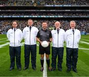 30 July 2023; Referee David Gough with his umpires, Dean, Eugene, Stephen and Terry Gough, before the GAA Football All-Ireland Senior Championship final match between Dublin and Kerry at Croke Park in Dublin. Photo by Ray McManus/Sportsfile