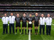 30 July 2023; Referee David Gough with his umpires, Dean, Eugene, Stephen and Terry Gough, and officials officials, linesman James Molloy, standby referee Martin McNally, and sideline official Fergal Kelly, before before the GAA Football All-Ireland Senior Championship final match between Dublin and Kerry at Croke Park in Dublin. Photo by Ray McManus/Sportsfile
