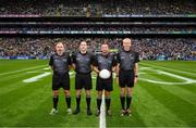 30 July 2023; Referee David Gough with his officials, linesman James Molloy, left, standby referee Martin McNally, and sideline official Fergal Kelly, right, before the GAA Football All-Ireland Senior Championship final match between Dublin and Kerry at Croke Park in Dublin. Photo by Ray McManus/Sportsfile