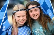 31 July 2023; Dublin supporters, and cousins, Alana Ward, age 8, left, and Penny Byrne, age 8, from Blanchardstown, during the homecoming celebrations of the Dublin All-Ireland Football Champions at Smithfield Square in Dublin. Photo by Ramsey Cardy/Sportsfile
