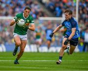 30 July 2023; David Clifford of Kerry in action against Michael Fitzsimons of Dublin during the GAA Football All-Ireland Senior Championship final match between Dublin and Kerry at Croke Park in Dublin. Photo by Ray McManus/Sportsfile