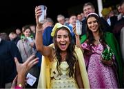 31 July 2023; Racegoer Megan Downey from Roscommon celebrates a winner during day one of the Galway Races Summer Festival at Ballybrit Racecourse in Galway. Photo by David Fitzgerald/Sportsfile