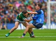 30 July 2023; Michael Fitzsimons of Dublin is tackled by Paudie Clifford of Kerry during the GAA Football All-Ireland Senior Championship final match between Dublin and Kerry at Croke Park in Dublin. Photo by Ray McManus/Sportsfile