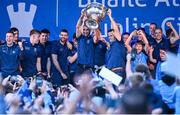 31 July 2023; Captain James McCarthy, left, and manager Dessie Farrell lift the Sam Maguire cup during the homecoming celebrations of the Dublin All-Ireland Football Champions at Smithfield Square in Dublin. Photo by Ramsey Cardy/Sportsfile