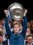 30 July 2023; Senan Forker of Dublin lifts the Sam Maguire Cup after the GAA Football All-Ireland Senior Championship final match between Dublin and Kerry at Croke Park in Dublin. Photo by Seb Daly/Sportsfile