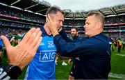 30 July 2023; Dublin manager Dessie Farrell with Dean Rock after the GAA Football All-Ireland Senior Championship final match between Dublin and Kerry at Croke Park in Dublin. Photo by Ray McManus/Sportsfile