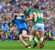 30 July 2023; Colm Basquel of Dublin is tackled by Mike Breen and Brian Ó Beaglaíoch of Kerry late in the GAA Football All-Ireland Senior Championship final match between Dublin and Kerry at Croke Park in Dublin. Photo by Ray McManus/Sportsfile