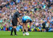 30 July 2023; Referee David Gough speaks to Dean Rock of Dublin before he takes a late free during the GAA Football All-Ireland Senior Championship final match between Dublin and Kerry at Croke Park in Dublin. Photo by Ray McManus/Sportsfile